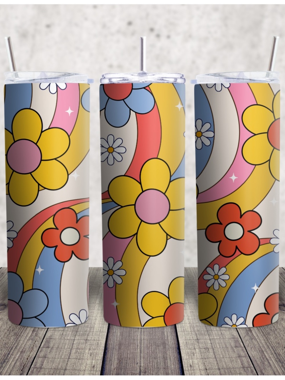 Hand Crafted Yellow Pink Blue Floral Retro Tumbler